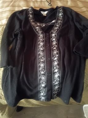 CJ Banks Black Button-Front Top with White Embroidery